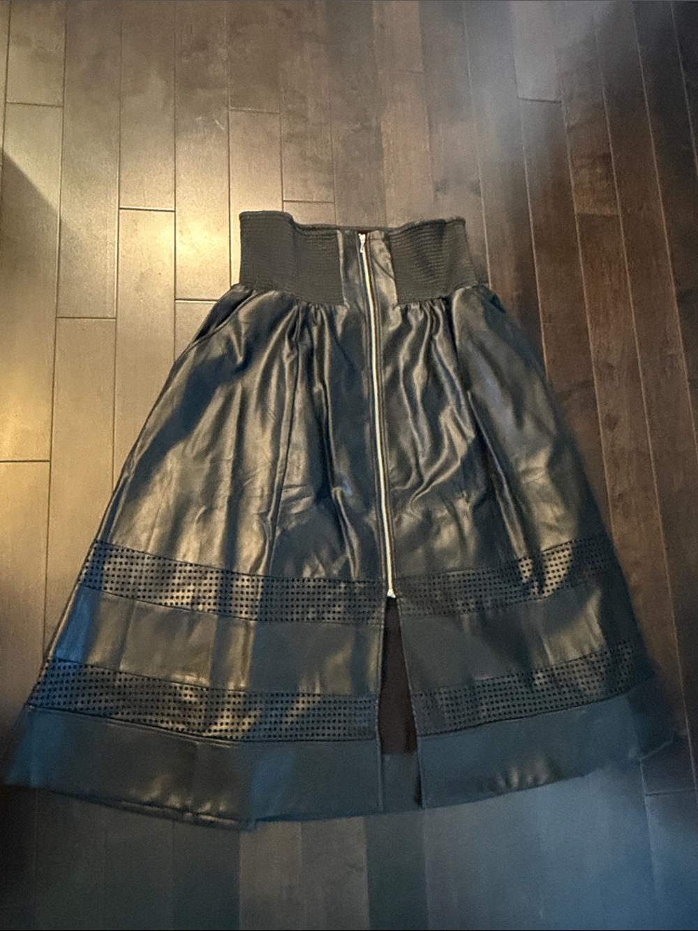 Maeve High-Waist Black Faux Leather A-Line Midi Skirt with Front Zip